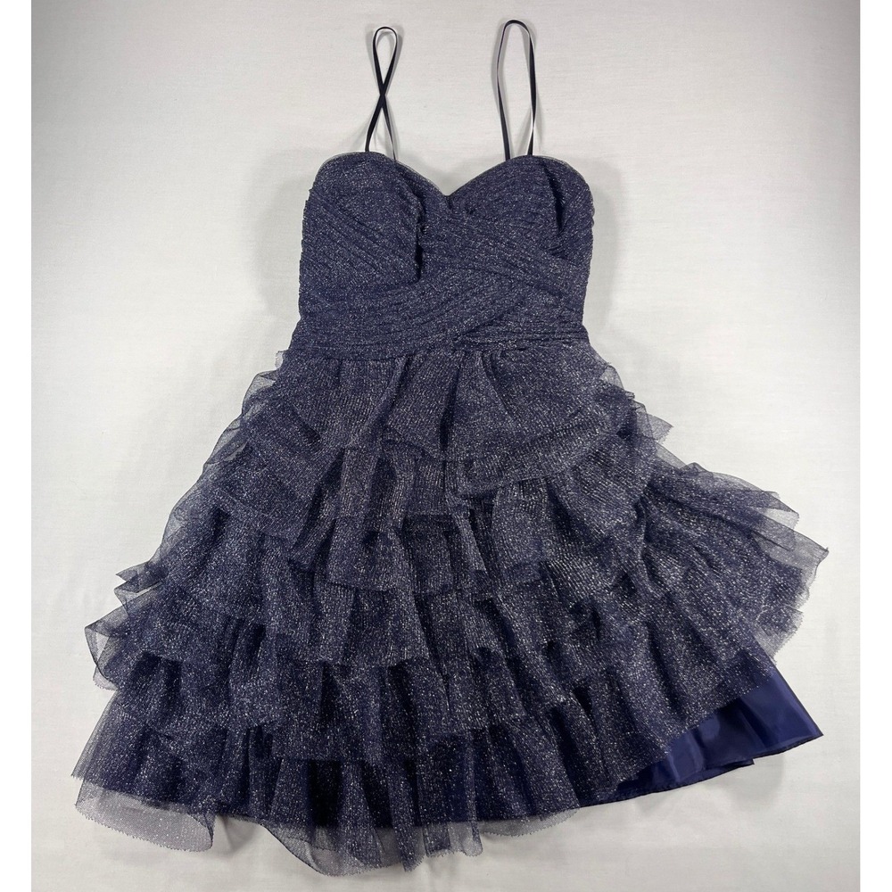 Hailey Adrianna Papell Navy Blue Metallic Tulle Tiered Ruffle Cocktail Dress 2